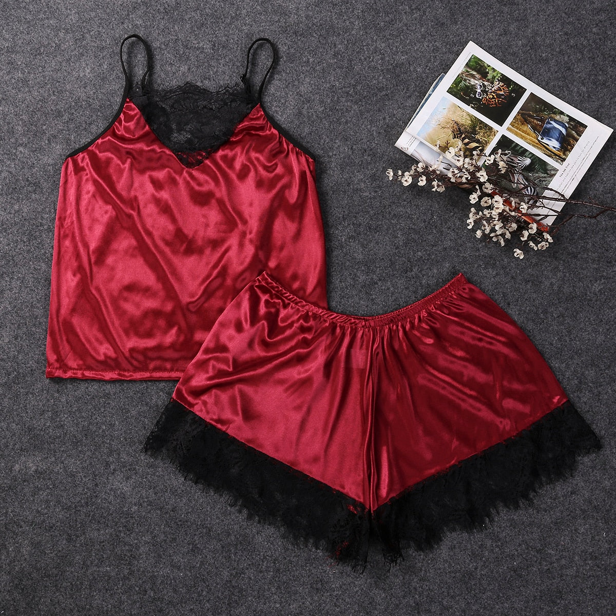 Women Sleepwear Satin Sexy  Lace Pajamas Set Female Elegant Sleeveless Top and Shorts Night Suit Pj Set Underwear