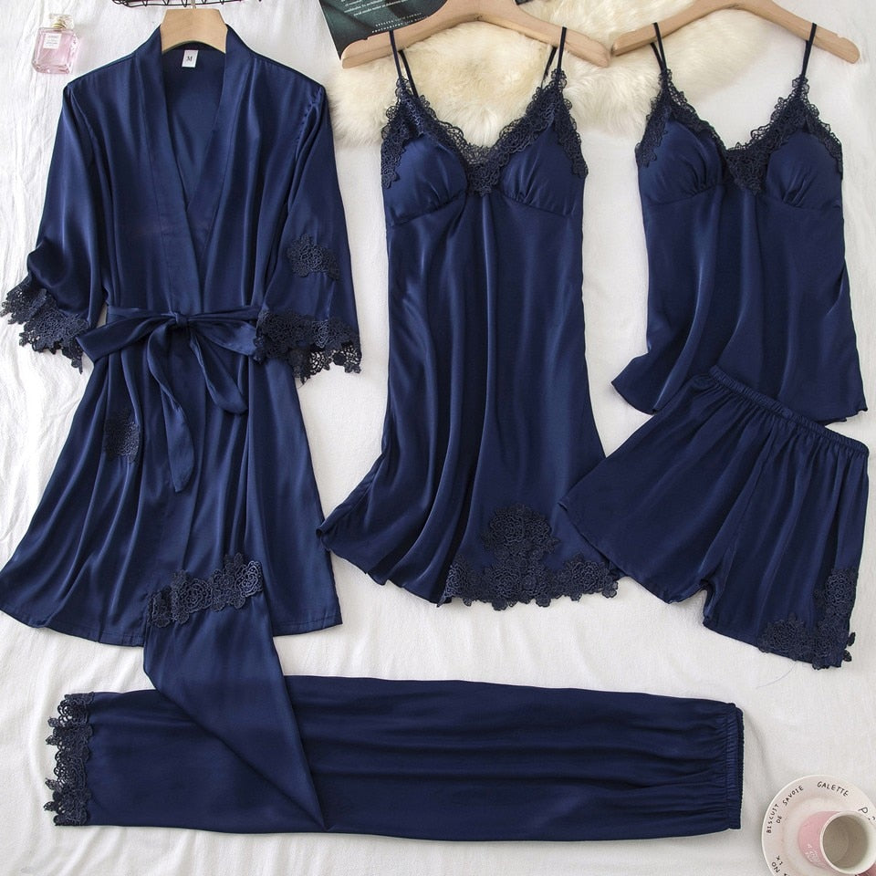 Women Pajamas Suit Satin Sexy Sleepwear Summer Pyjamas With Trousers Nightgown V-Neck Kimono Robe Gown Set Lingerie